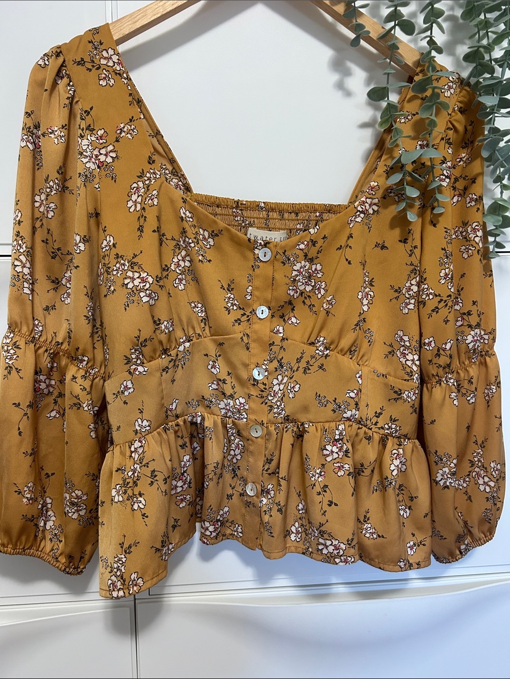 Saltwater Luxe Mustard Floral Button-Front Peplum Top
